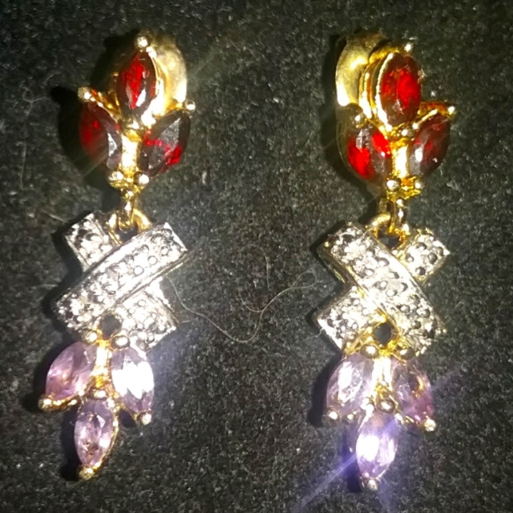 Genuine Garnets Amethyst & Diamond Accents. Gold .925 Stamped Post Dangling Ear